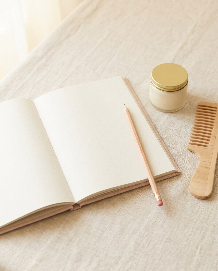 Caderno aberto em branco com lápis, pote e pente sobre linho