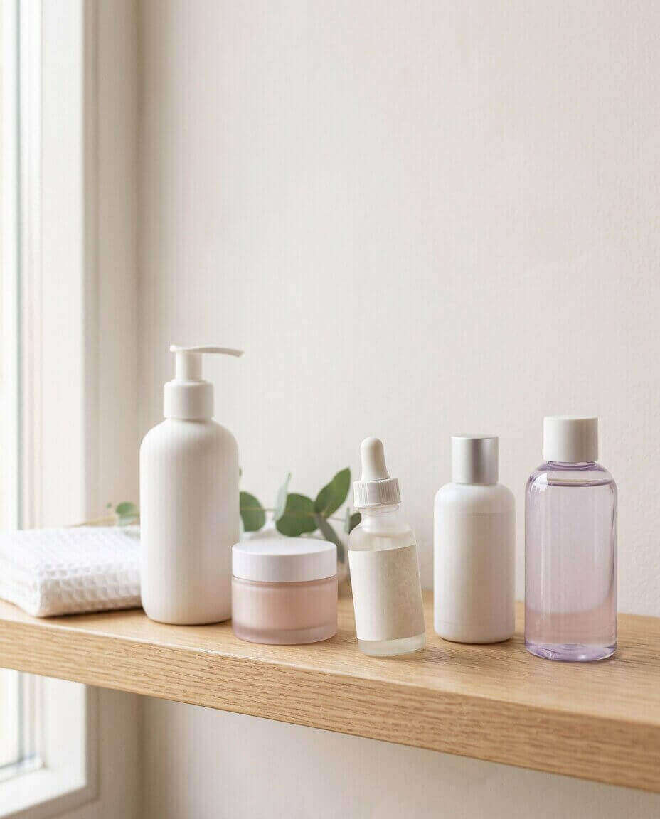 Prateleira de banheiro com frascos de cosmético sem marca, um deles puxado à frente